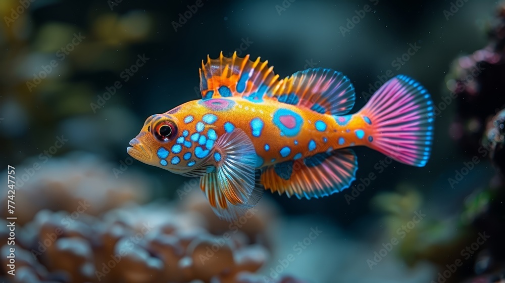A tight shot of a fish against a backdrop of various corals, with water in the front A tight shot of a fish against a backdrop of various corals, with water in the front
