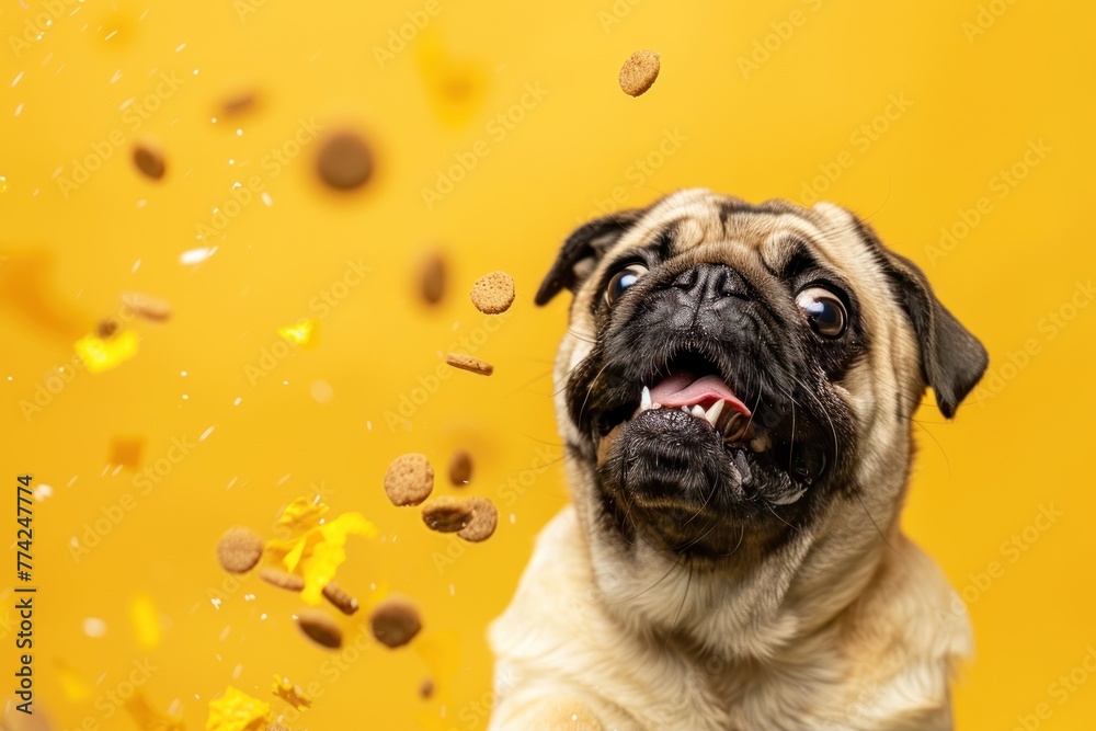 Happy pug dog catch pet food in studio in front of bright color background