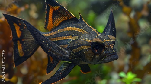  A tight shot of a black-orange fish against a backdrop of water, teeming with plants and trees