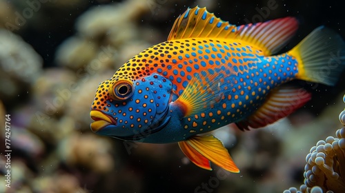  A blue and orange fish, tightly framed, swims near corals in an aquarium Corals populate the background