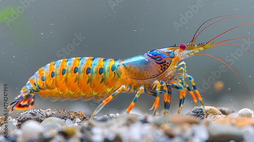   A tight shot of a vibrantly hued shrimp perched on a rock, surrounded by water droplets on its backside