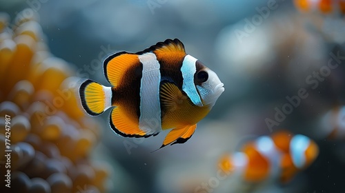  A tight shot of a clownfish with distinct orange and white stripes against its body in an aquarium setting