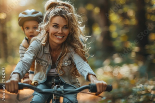 Active mother and her child enjoy a scenic bike ride together in a lush forest