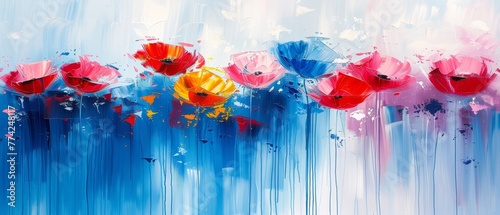  A painting of red, blue, and pink umbrellas against a blue and white background with a random splash of paint