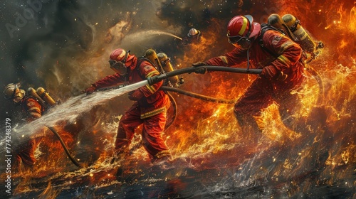 Illustrate the collaborative efforts of a firefighting team as they work together to combat a raging fire using water hoses