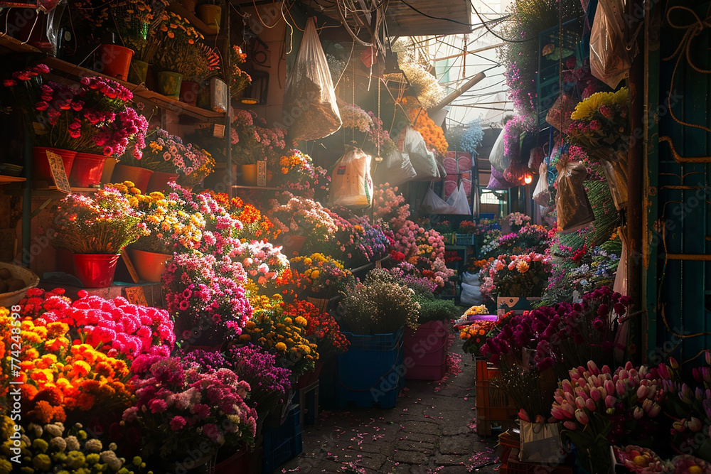 A bustling flower market alive with vivid blooms and fragrant bouquets.