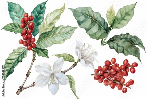 Vector illustration of fresh coffee berries with leaves from plantation farm.