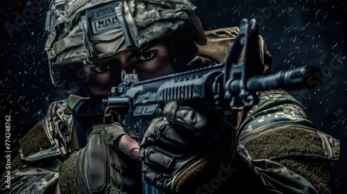 Illustrate the strength and focus of special forces in a prompt presenting a half-length low-angle studio shot
