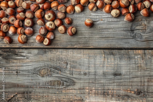 hazelnuts spilled on a wooden table - overhead view photo
