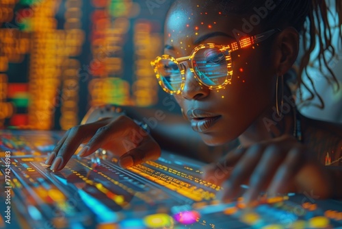 In this profile shot, a woman DJ is focused on her equipment with a neon lit board offering a visual reflection of the music's energy photo