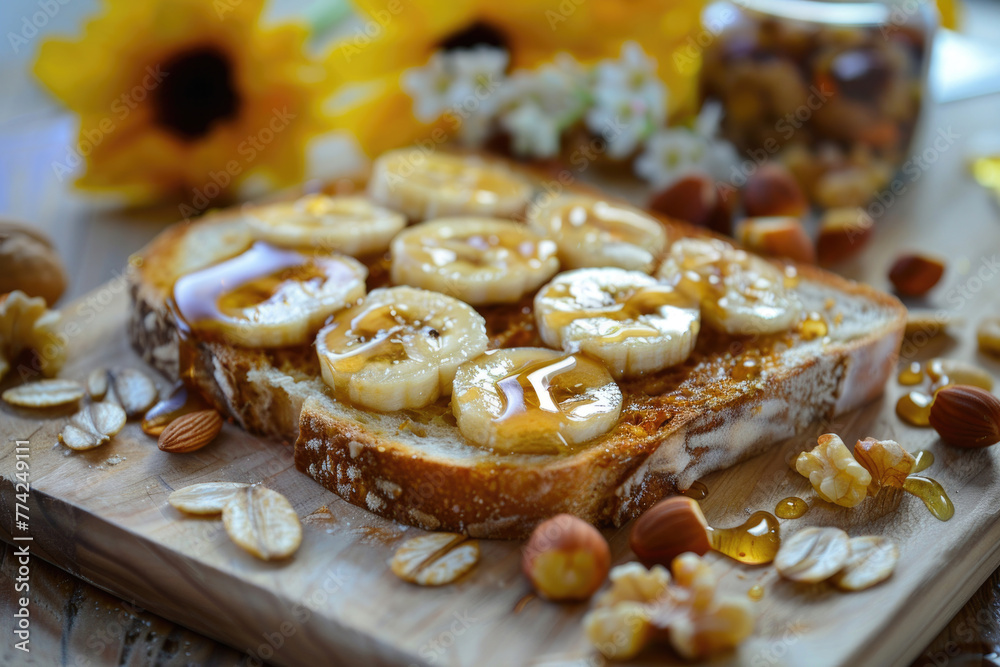 A toasted slice of bread with honey and a variety of toppings