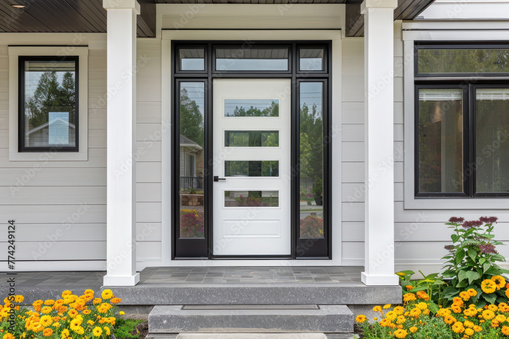Modern White Front Exterior Door With Black Frame, 4 Glass Panels and Sidelights