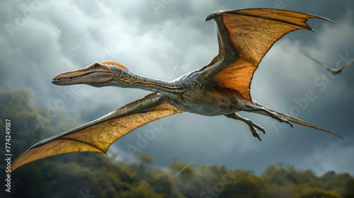 Flying dinosaur, Pterodactyl, flying high in sky in prehistoric environment. Photorealistic.