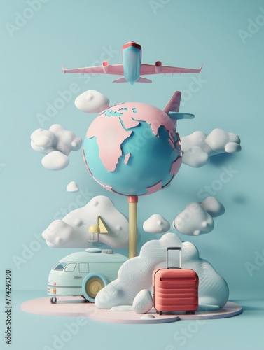 travel holiday conceptual 3D rendering. light image with 3D rendering of an airplane and suitcase and globe.