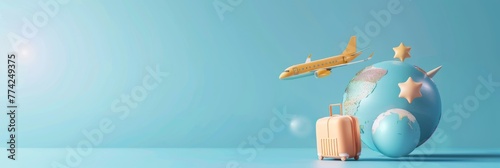 travel holiday conceptual 3D rendering. light image with 3D rendering of an airplane and suitcase and globe. photo