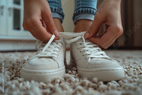 Ground-level view of hands busy tying the laces of white lace-up sneakers on a textured rug photo
