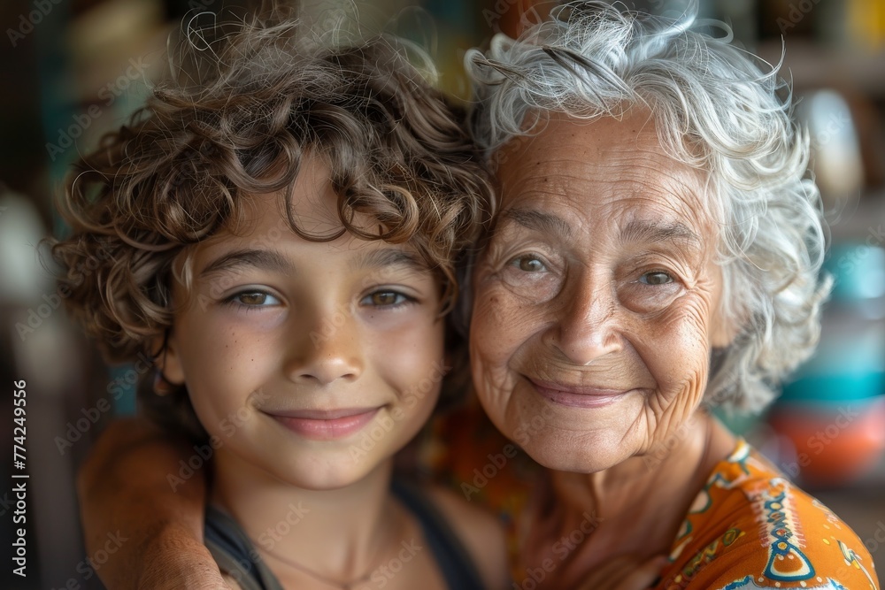 An affectionate portrait of a curly-haired boy with his elderly grandmother in a cozy indoor environment An affectionate portrait of a curly-haired boy with his elderly grandmother in a cozy indoor environment