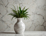Still life with white porcelain vase with green indoor plants on a light background