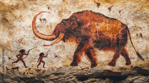 Rock painting of hunting scene of a team of primitive cavemen attacking a giant mammoth in wild field. photo