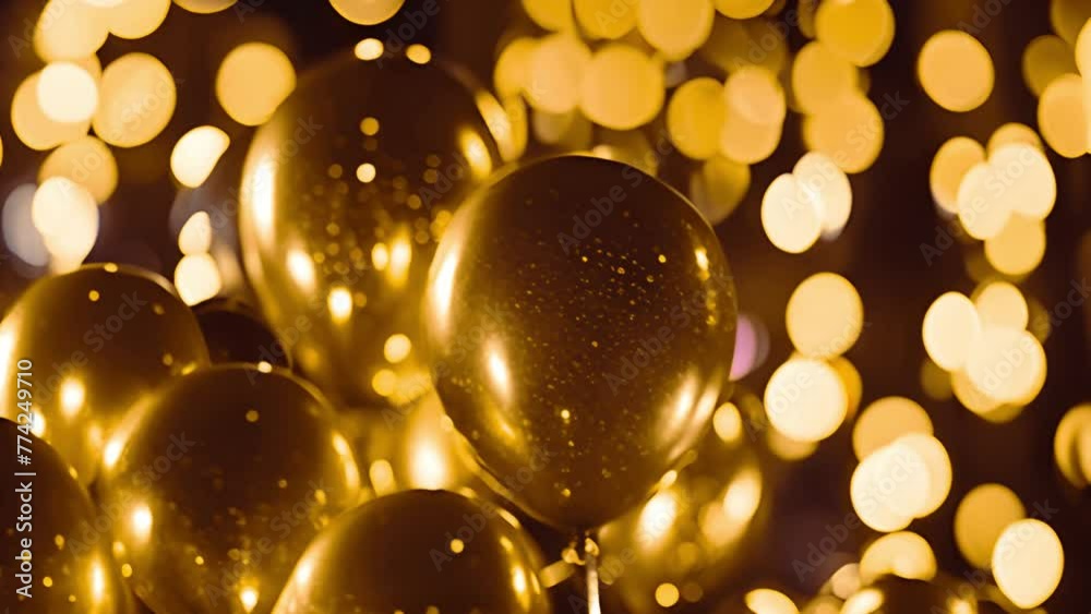 glossy golden balloons with confetti and glowing lights. Decorative element for party invitation design, 4k video. Bokeh lights. Festive,party and happy birthday background glossy golden balloons with confetti and glowing lights. Decorative element for party invitation design, 4k video. Bokeh lights. Festive,party and happy birthday background