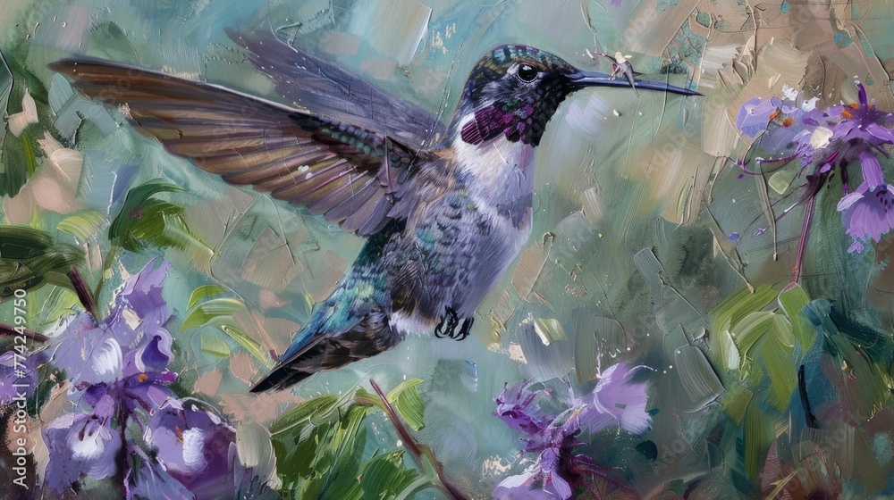 Fototapeta premium Paint a picture of wildlife in Northern Montana with a prompt featuring a hummingbird diligently searching for food