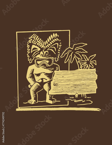 A tiki man holds a wood sign, palm trees illustrated in a one color retro 1940's style - vintage matchbook, sign menu, shirt graphic elements with a Hawaiian tropical luau theme in yellow and brown.
