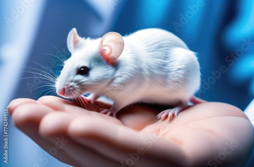 Close-up. White mouse for conducting experiments in the hands of a doctor