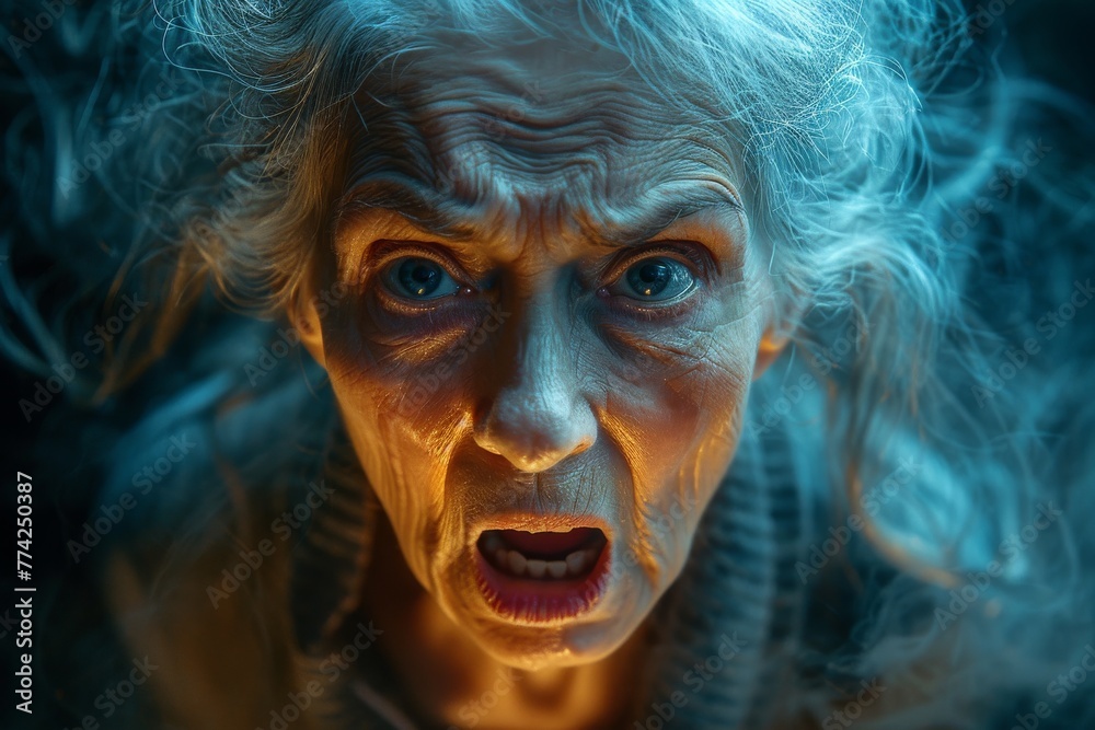 Dramatic portrait of an old woman with intense features, lit in blue tones
