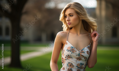 A fictional blonde young woman model wearing a sundress and looking contemplative to one side photo