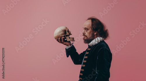 Modern photo of William Shakespeare holding a skull in his hand, isolated on trendy pastel background.