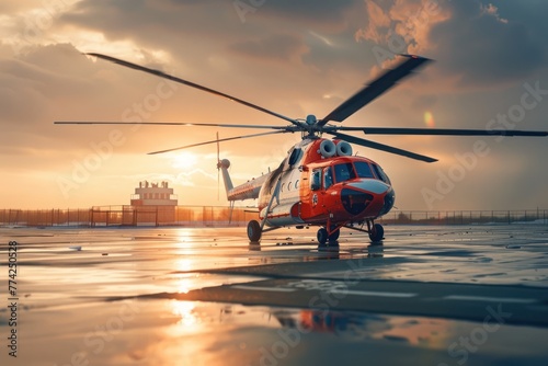 Landing rescue helicopter sun set background