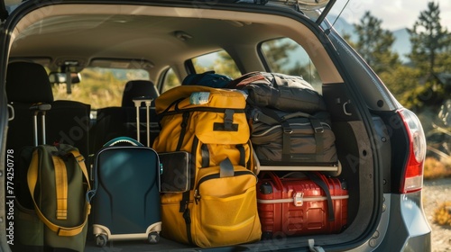 Rear view of car trunk with luggage and travel items for travel