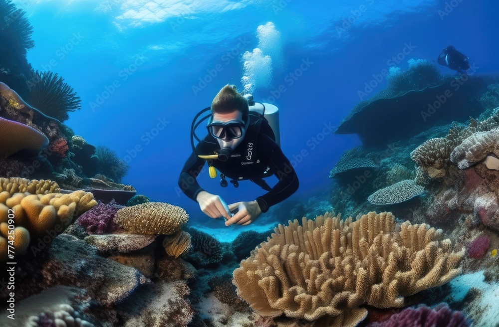 A diver swims in the ocean among corals. Underwater photography