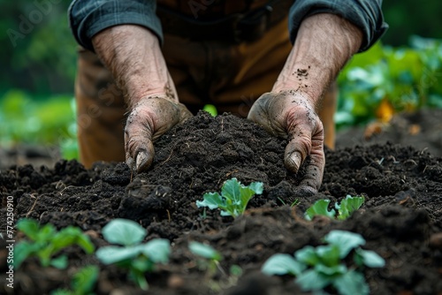 Weathered hands of a farmer working the fertile soil to prepare it for planting, showing the labor and love of land cultivation