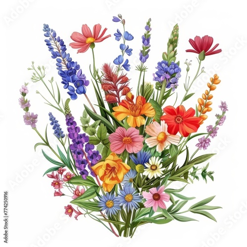 2D asset element of a bouquet of wildflowers, bursting with colors, isolated on white background © kitinut