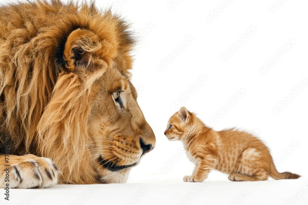Obraz premium lion looking at a little kitten Isolated on white background