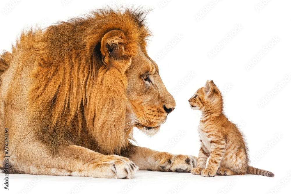 Fototapeta premium lion looking at a little kitten Isolated on white background
