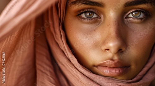 A portrait of a beautiful woman in a pink hijab.