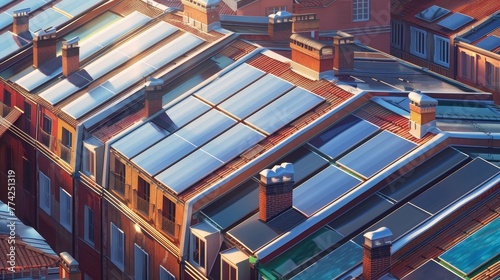 A row of buildings with solar panels on their flat roofs