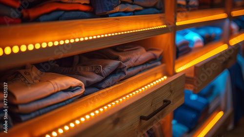 Close-up of a shelf in a closet with shirts folded in an organized manner