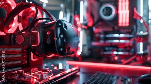 Black VR headset on top of red computer © kittipoj