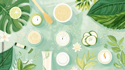 Cartoon beauty products on table with leaves, candles.