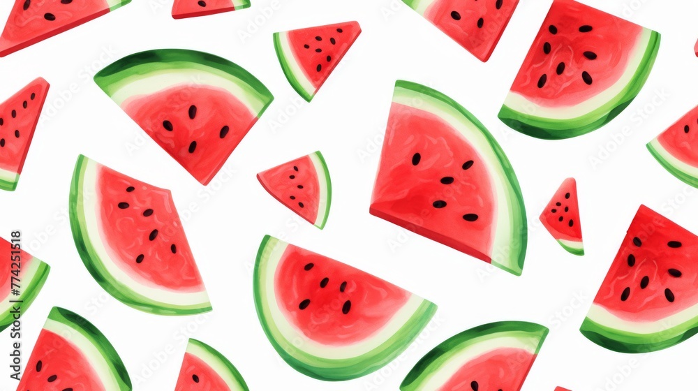 Seamless pattern of watercolor watermelon slices on a white background, ideal for summer themes and food-related designs. Seamless pattern of watercolor watermelon slices on a white background, ideal for summer themes and food-related designs.