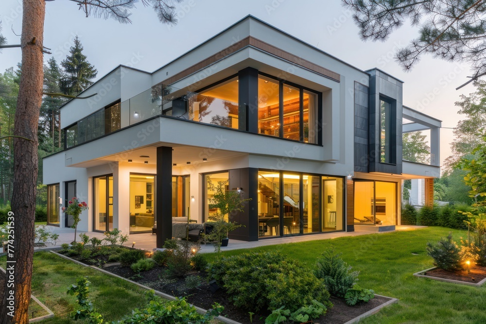 luxurious modern house exterior with evening lighting and a beautifully landscaped garden