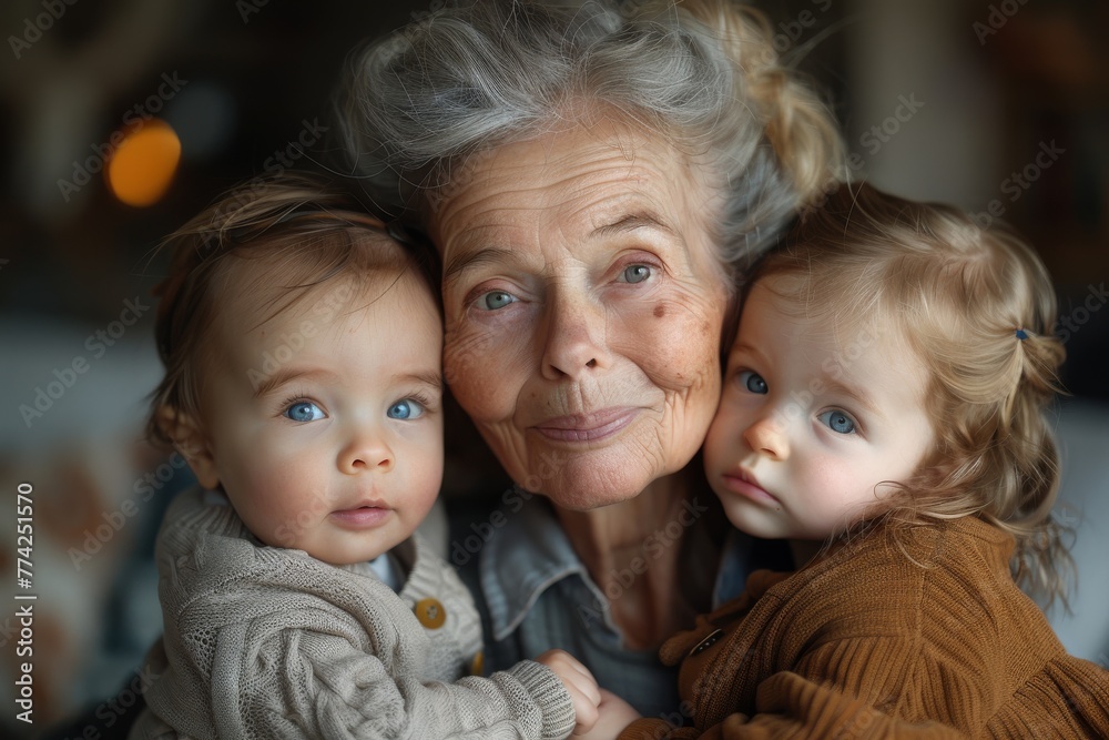 An elderly woman with grey hair smiles warmly, holding two young grandchildren with a blurry background