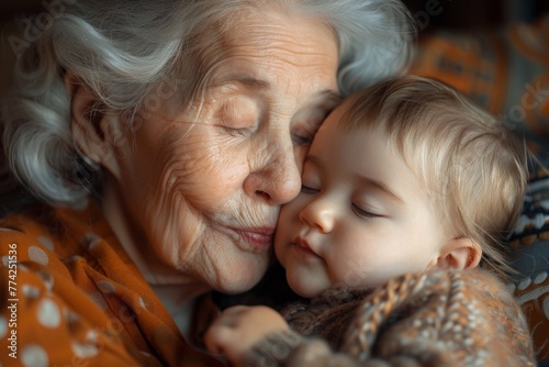 An elderly woman enjoying a tender moment with a sleeping baby in a gentle embrace