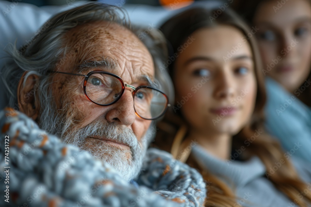 Poignant image of a wise senior man with a reflective look, accompanied by grandchildren showing silent support