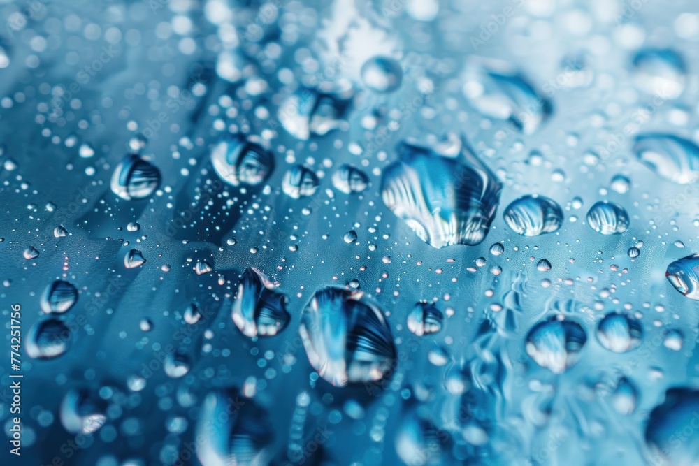 Macro water drops in blue clear drinking water, panorama Macro water drops in blue clear drinking water, panorama