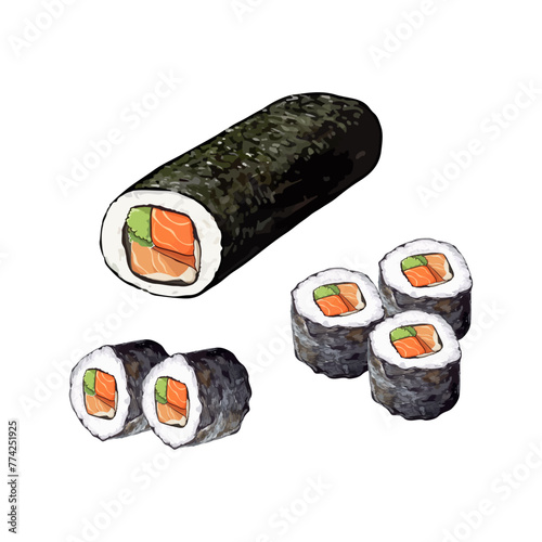 Hand drawn vector illustration of Kimbap or Korean Seaweed Rice Rolls