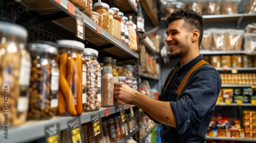 Young man arranging products on the shelves in his grocery store, with a friendly smile on his face